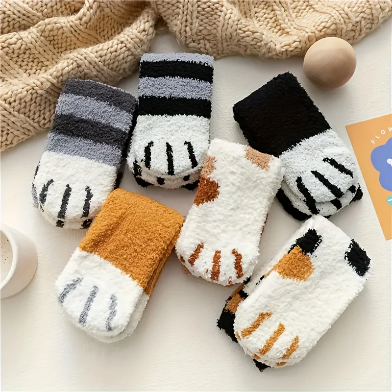 

6 pairs of cartoon cat paw socks, comfortable and warm furry socks