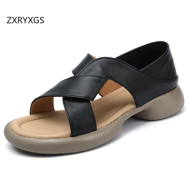 ZXRYXGS Summer Open Toe Superior Genuine Leather Sandals 2024 Cowhide Woven Soft Sole Low Heel Shoes Woman's Sandals Large Size