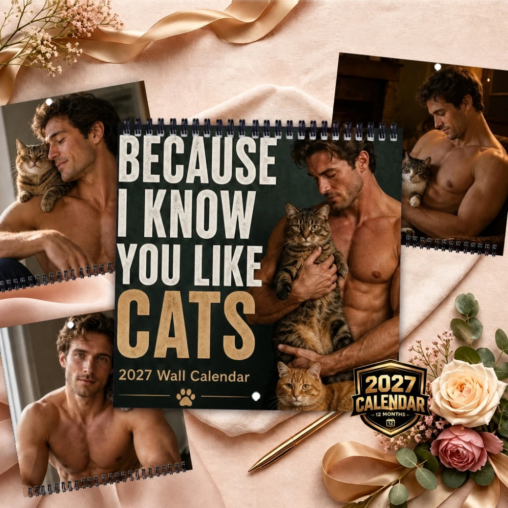 Unique Calendar Featuring Handsome Men And Cats Calendar with Humorous Designs Ideal December Hanging for Gifting and Home Decor