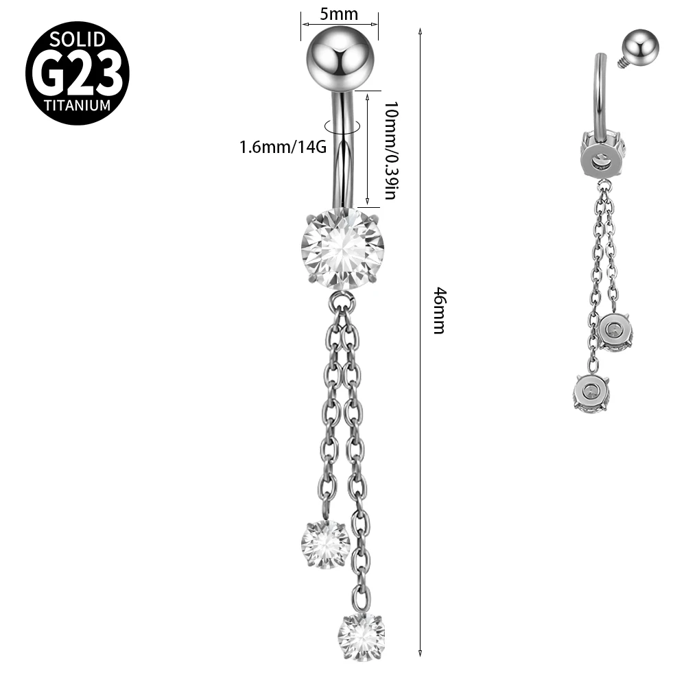 1PC G23 Titanium Dangle Chain Belly Button Piercing Curved Barbell Navel Rings Internal Thread Belly Button Piercing Jewelry 14G