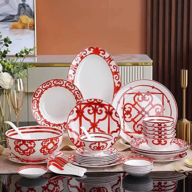 European-style Chinese red series dishes and dishes set, bone china tableware 36 heads, home wedding celebration set, gifts