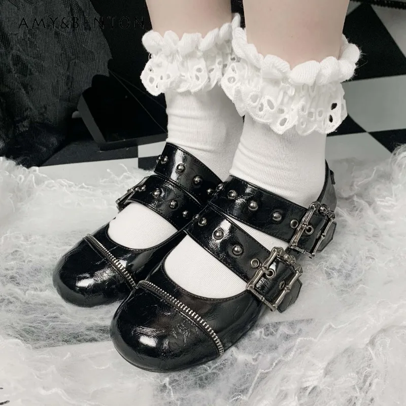 

Goth Lolita Punk Subculture Low Heels Dark Round Head Original Shallow Mouth High Heel Hot Girl Street Rivet Leather Women Shoes