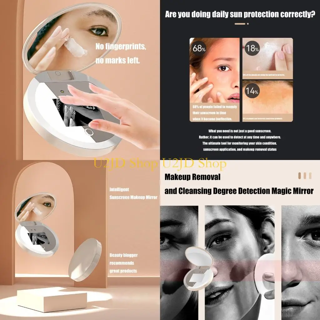 U2JD -Reise -Make -up -Spiegel mit UVS -Kamera für Sonnenschutz -Test Handheld doppelseitigen Taschenspiegel für