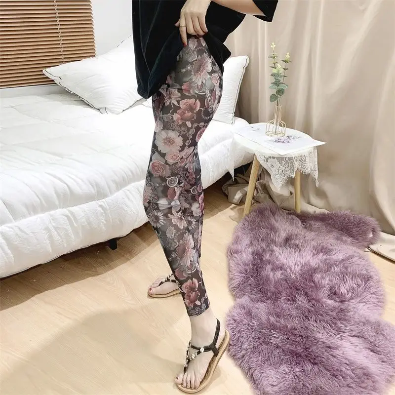 Legging taille haute élastique pour femme, pantalon longueur rinçage, imprimé, rayé, gaze, mince, droit, tout assressenti, sexy, mode, nouveau, été