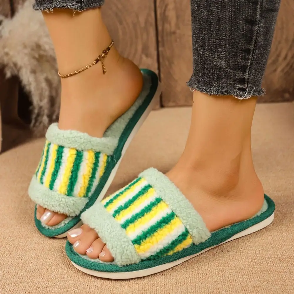 

Lovely Stripe Plush Warm Slippers Non-Slip Patchwork Winter Indoor Slippers Homewear Shoes Durable Soft Home Slippers Gifts