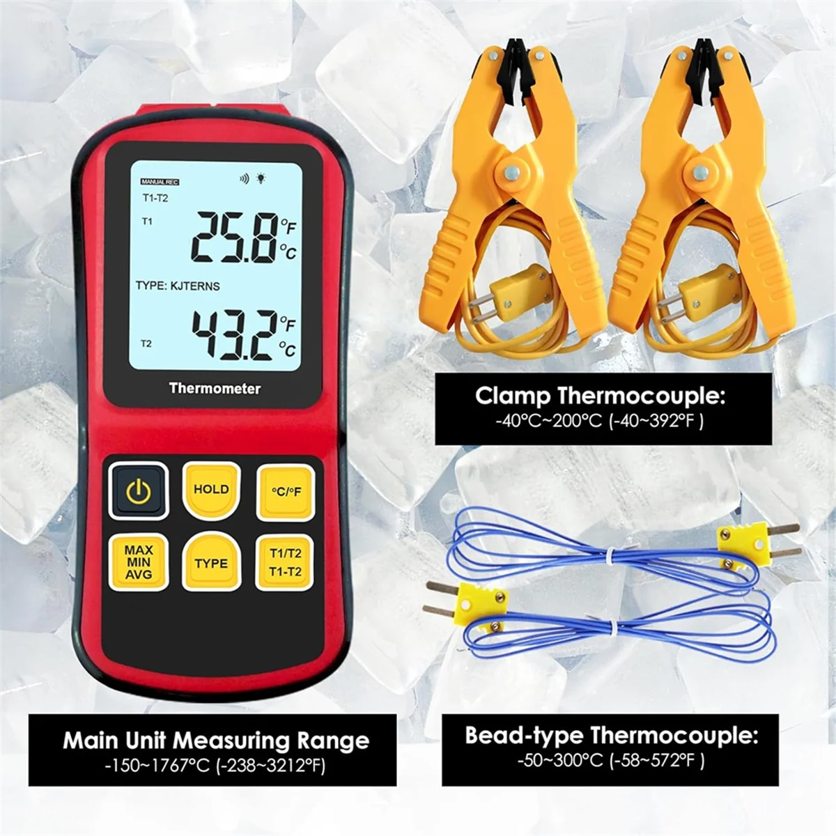 A04I Thermocouple Thermometer Digital K Type Thermometer,with 2 Temperature Clamp 2 Wired Thermocouple Probes