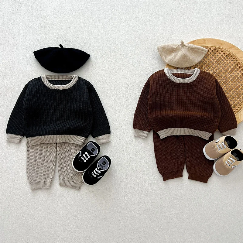 2024 New Autumn Infant Baby Boys Girls Knitted Clothing Set Long Sleeves Pullover Sweater+Pants Children Knitted Clothes Suit