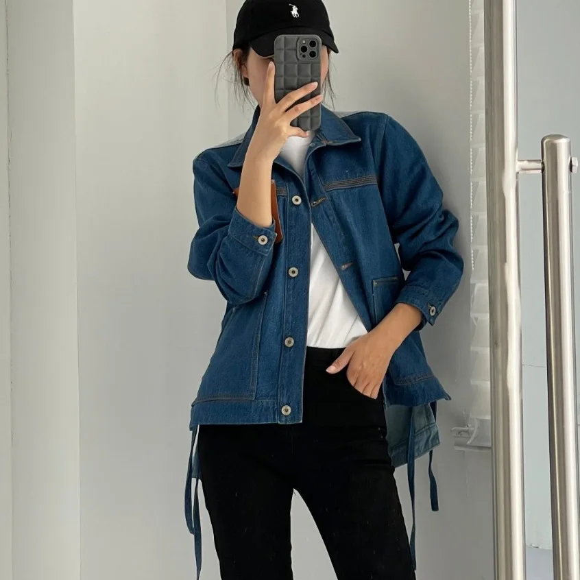 

Back Gradient Halo Dyed Denim Jacket Lapel Pocket Split Drawcord Vintage Style Loose Clothes Women's Work Suit Jean Coat