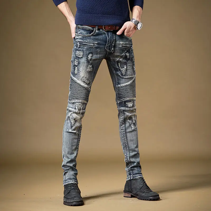 Men’s Light Luxury Street Fashion Moto&Biker Jeans,Wear-proof Retro Style Ripped Denim Pants,Slim-fit Trendy Casual Jeans;