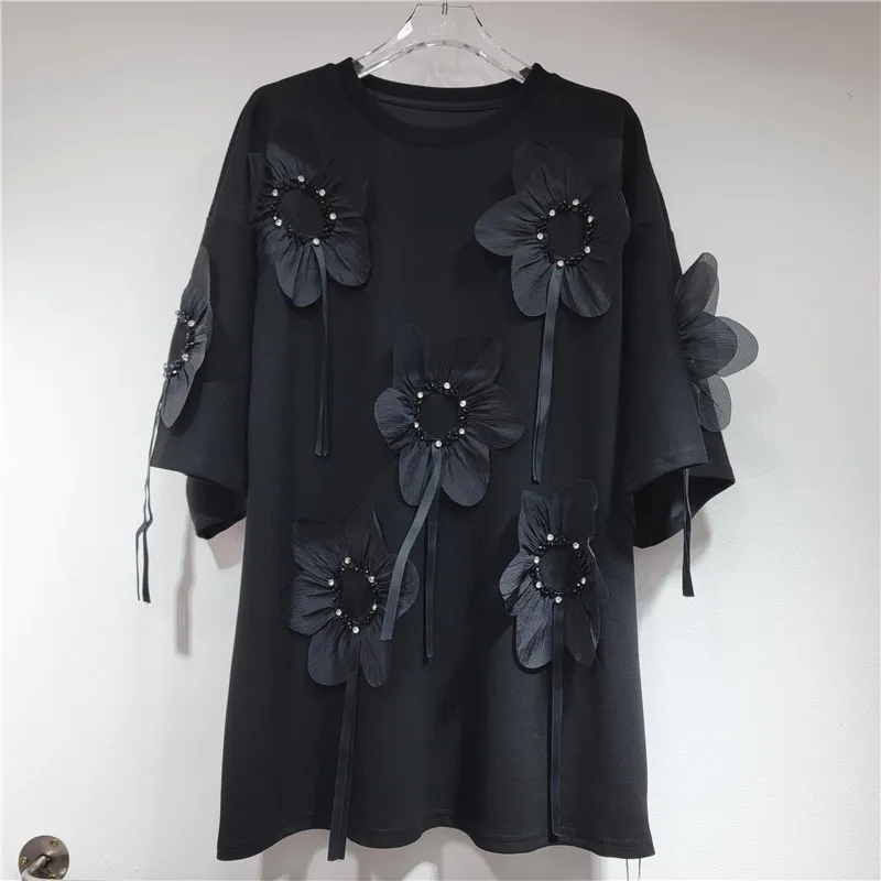 Kawaii Sweet Pink Round-Collar Mid-Length T-shirt Dress 2024 Summer New Fashion 3D Flowers Beaded Loose Oversized Tshirt Top