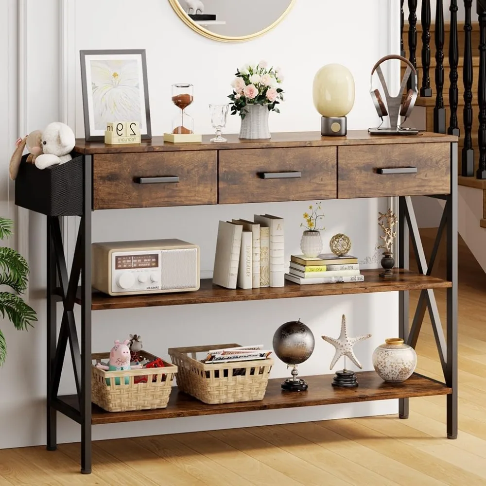 

47" Console Table with 3 Drawers, Industrial Entryway Table with 3 Tier Storage Shelves, Narrow Long Sofa Table for Entry Way