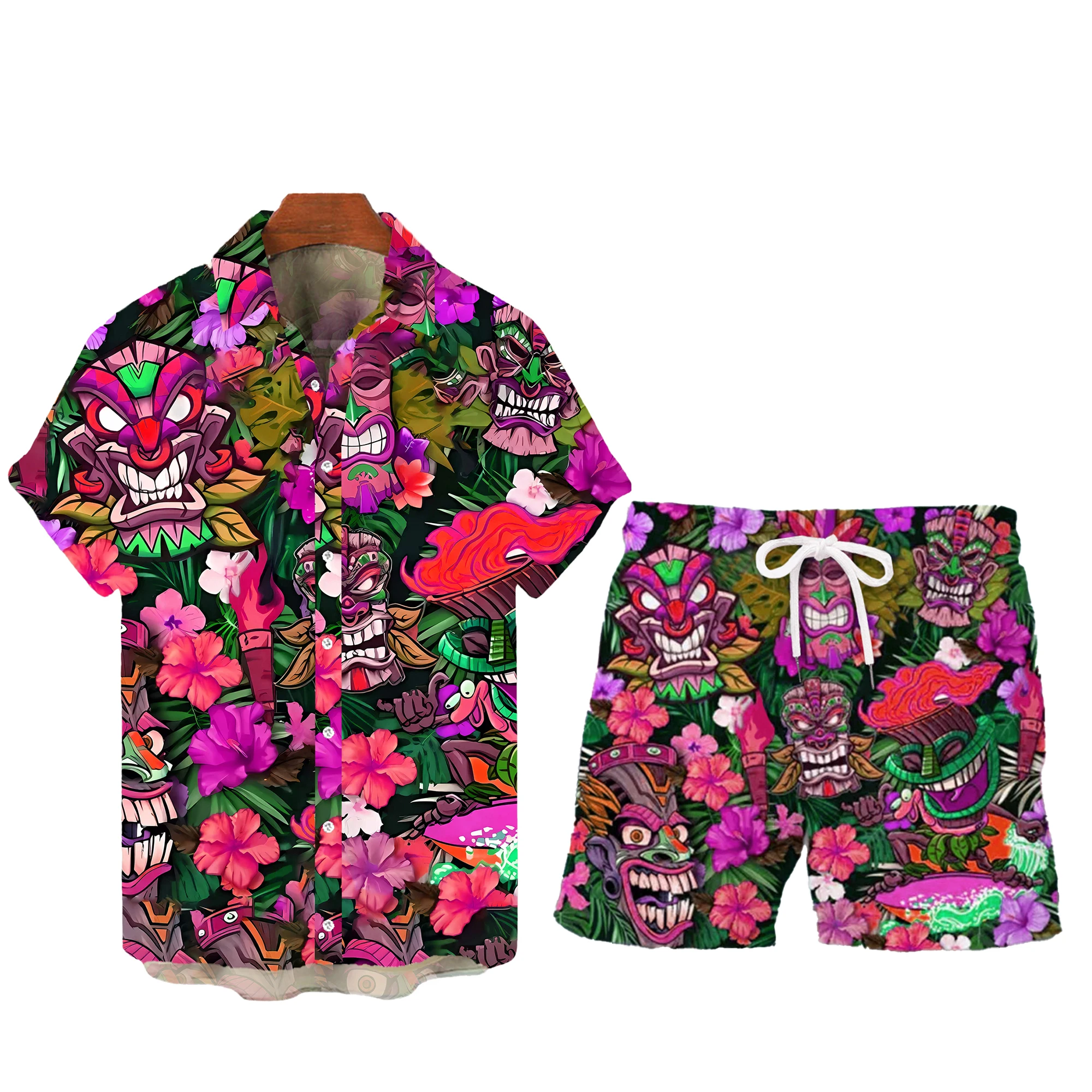 Summe Aloha Shirts Men\'s Button-down Hawaiian Shirt Set Beach Shirt and Shorts Floral Casual Suit Daily Holiday Print Totem