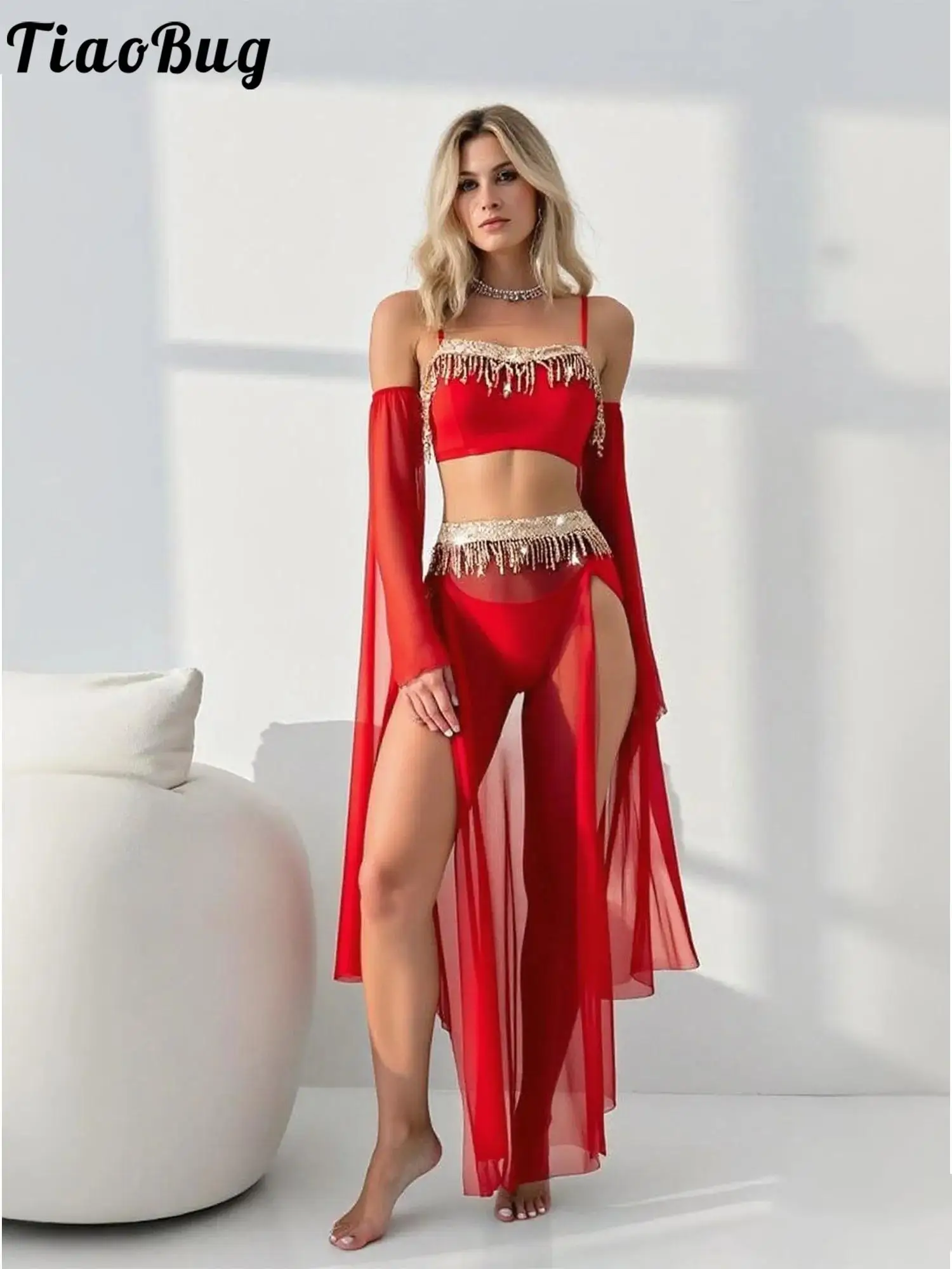 

Women Belly Dance Costumes Sequin Tassel Crop Top and Slit Maxi Skirt with T-back Sexy Club Set for Pole Dance Dunhuang Dance