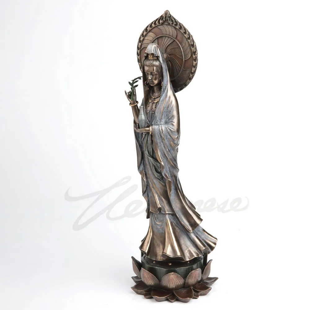 Kwan Yin Resin Figurine Vintage Antique‑Finished Standing Statue With Willow Sprig Lotus Platform Religious Home Decor Ornament