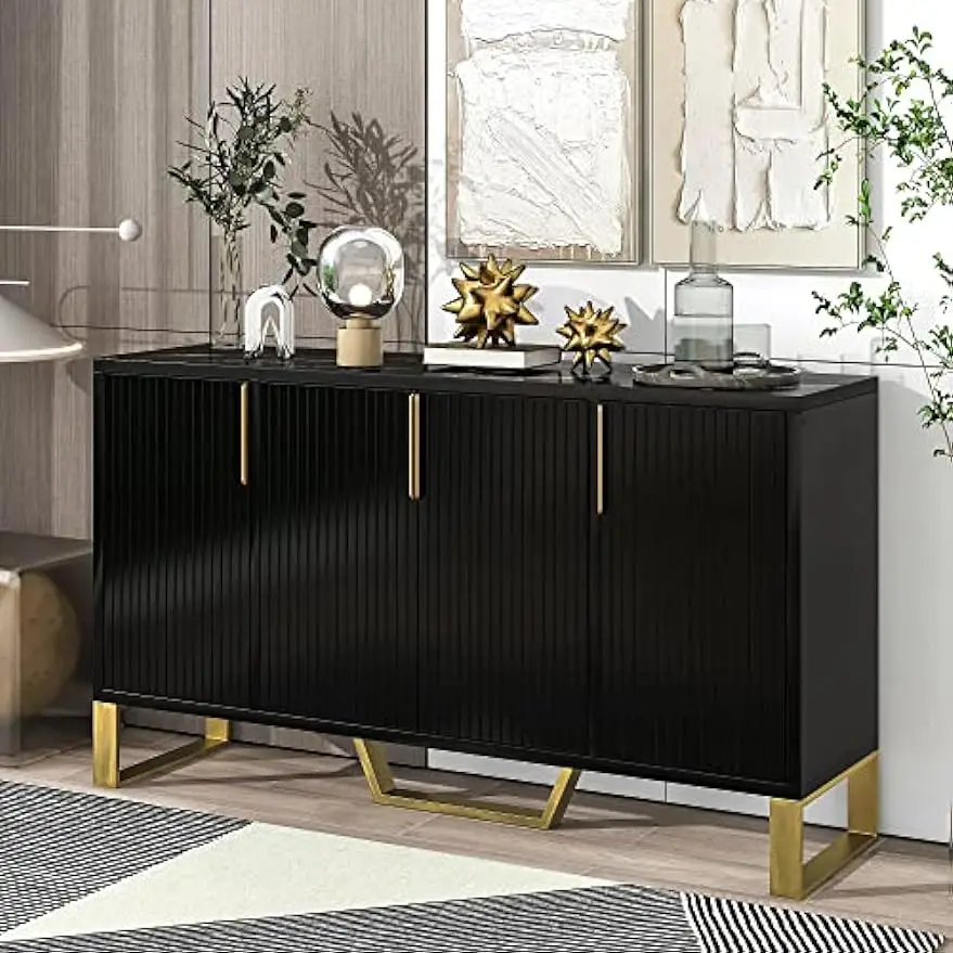 

Modern Sideboard Bufftet Storage Cabinet with 4 Doors, Metal Handles & Legs and Adjustable Shelves for Kitchen, Dining Room