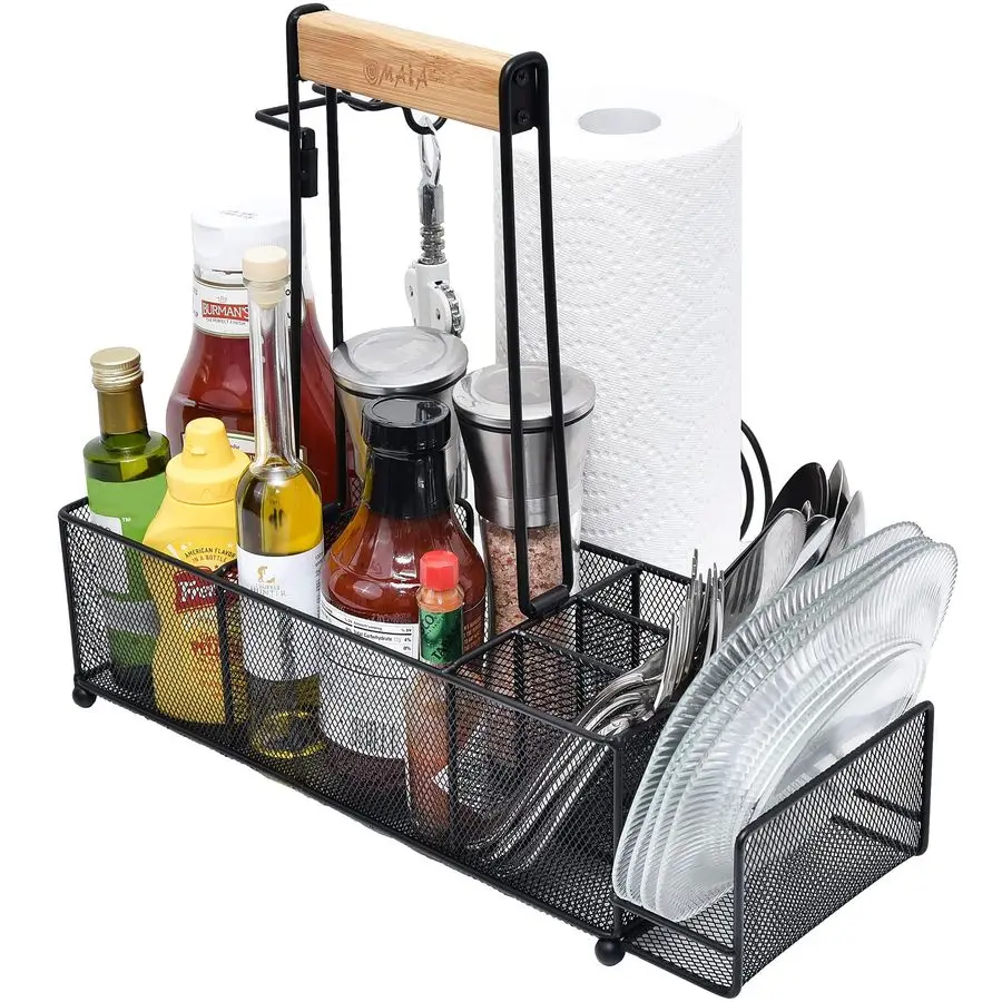 

BBQ and Grill Caddy with Paper Towel Holder, Wood Handle amp 2 Hooks Camper Accessories Condiment Caddy Plates, Cutlery and BBQ
