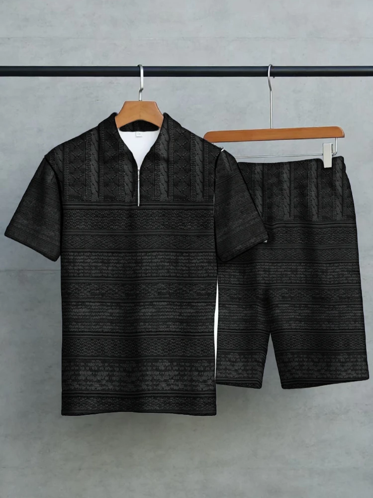 

2026 Summer Men's 2 Piece Set Textured Cable Knit Print Zipper Polo Shirt & Shorts Casual Breathable Tracksuit Streetwear Outfit