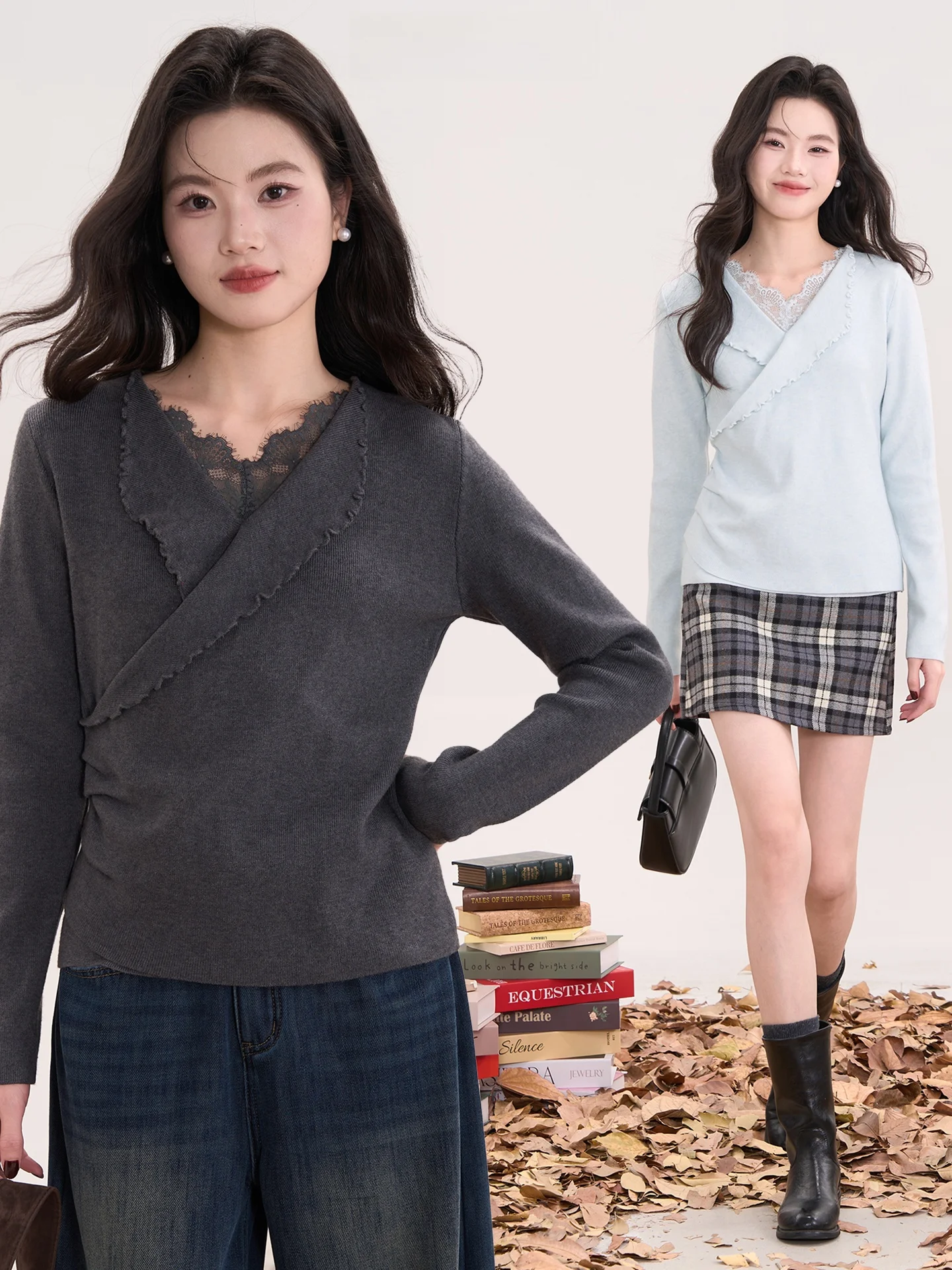 

Heme 6 Wool Lace V-Ne Knitwear Women's Gentle Age-Defng Top Spring Season Floral Field Display Soft Polyester Blend Long ...