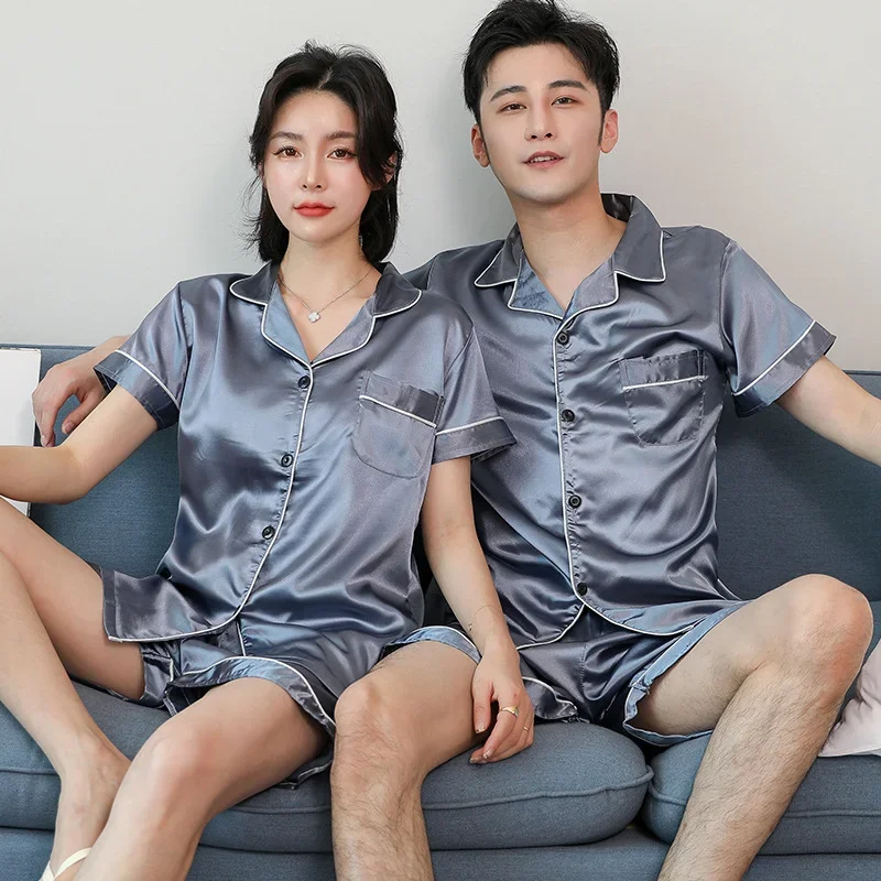 High-quality Couple Pajamas Set Ice Silk Men's Home Clothes Pajamas Women's Pajama Summer Large Size Nightwear Sleepwear Nightie