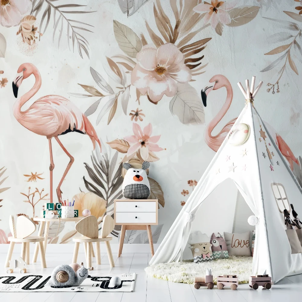 Customized self-adhesive wallpaper blue flamingo nostalgic photo Mural Children's room background home decoration wall sticker