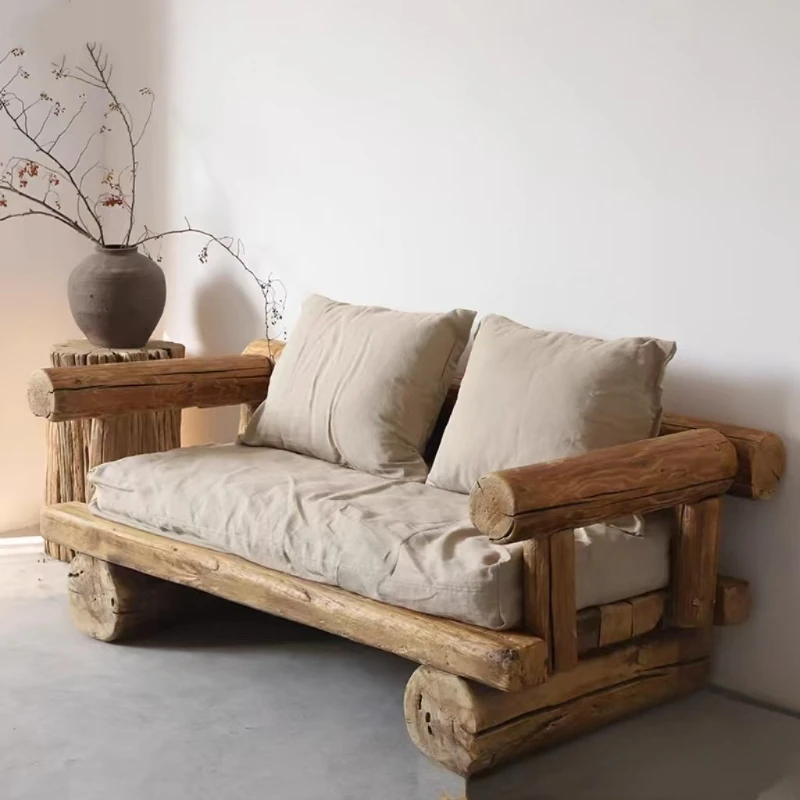 Sofa bed log bed and breakfast small furniture Chinese living room solid wood double triple sofa