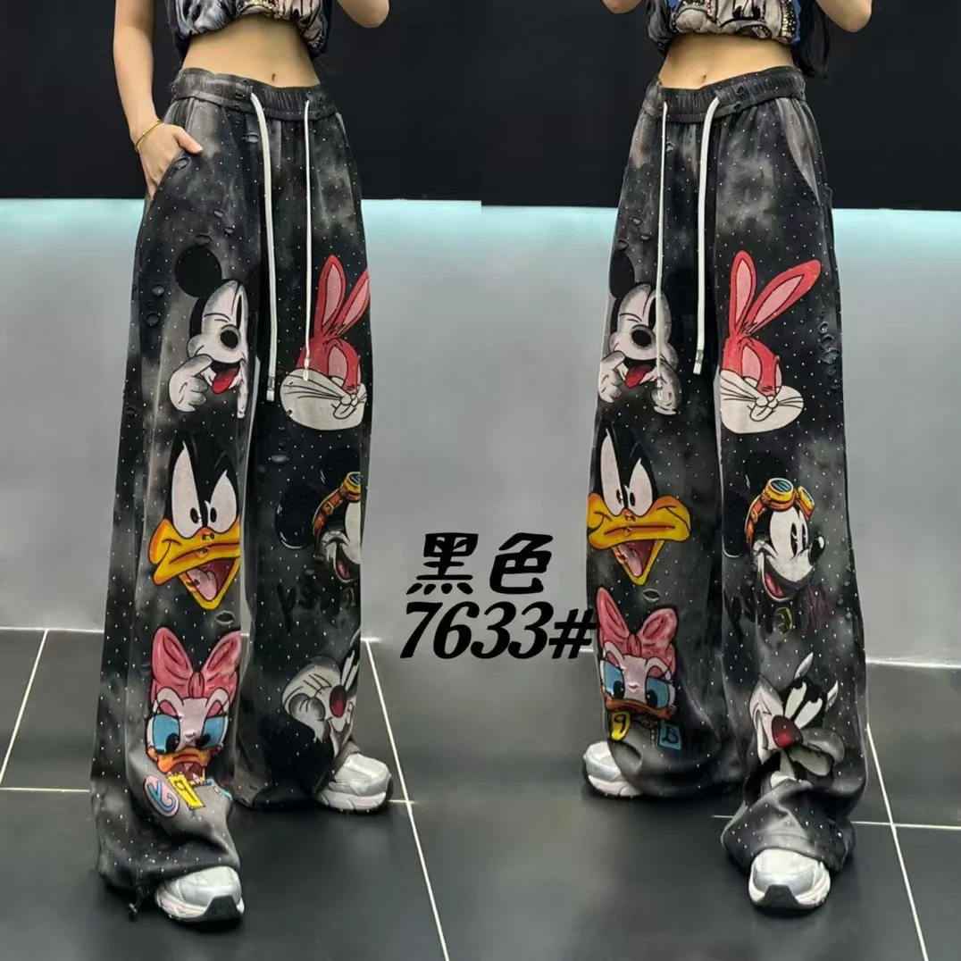 

American High Street Fashion Wide Leg Pants New Autumn Drawstring High Waist Straight Long Trousers Cartoon Pattern Cotton Pants
