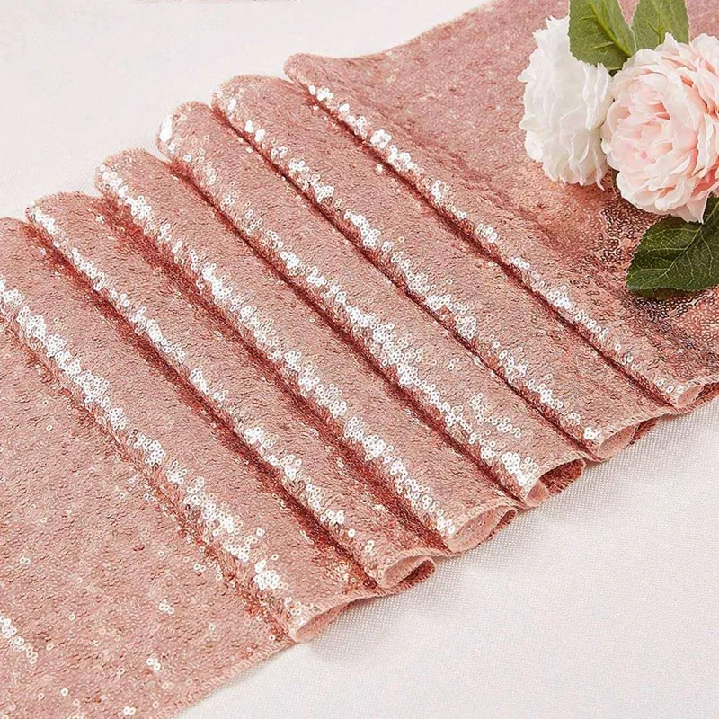 2X Sparkly Rose Gold Sequin Table Runners 12X108 Inch Shimmer Table For Wedding Party Anniversary Birthday Table Cloth