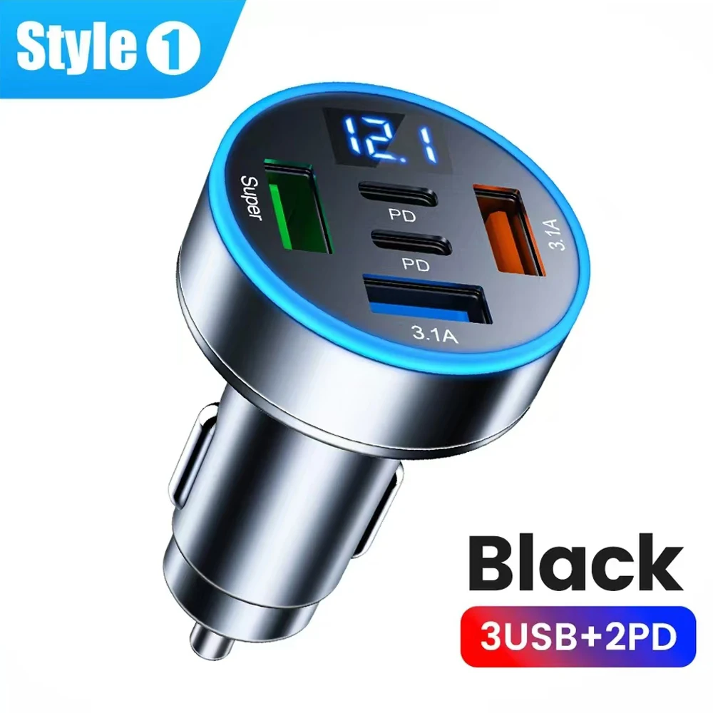 100W Car Charger 5 Ports Super Fast Charging With Digital Display Power Adapter USB Type C Car Charger For iPhone Samsung Xiaomi image 2