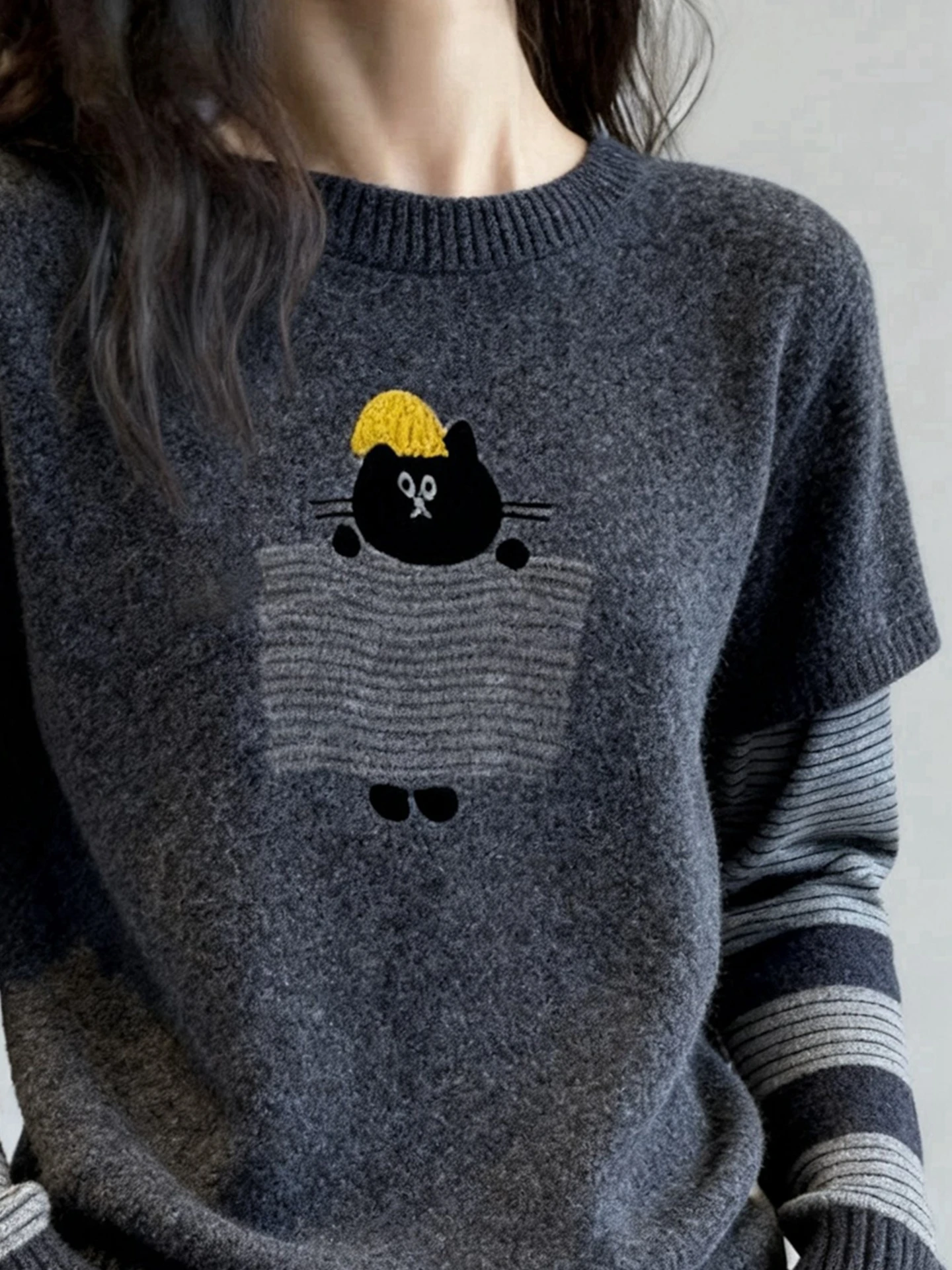 เสื้อสเวตเตอร์ไหมพรมทรงเกาหลี แขนยาว ดีไซน์สองชิ้นหลอกๆ สำหรับผู้หญิง เรียบง่าย ช่วยให้ดูผอมเพรียว เหมาะสำหรับใส่ไปทำงานในฤดูหนาว