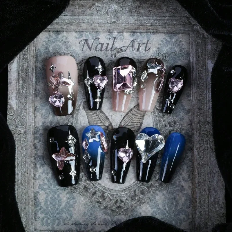 

10 Pieces Handmade press on Nails Goth Girl Style/Color Has/Slightly Bad Dark Style/Mature Black With Green