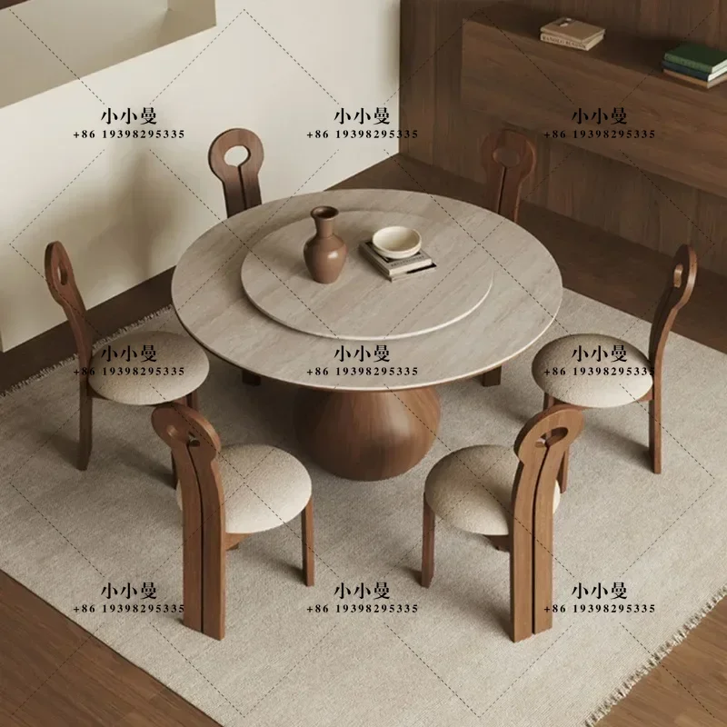 Medieval travertine rock slab solid wood household small apartment restaurant black walnut retro dining table