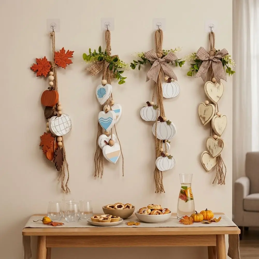 Rustic Farmhouse Wooden Heart Wall Hanging Fall Maple Leaf Distressed Heart String Pendant Eucalyptus Bow Vintage