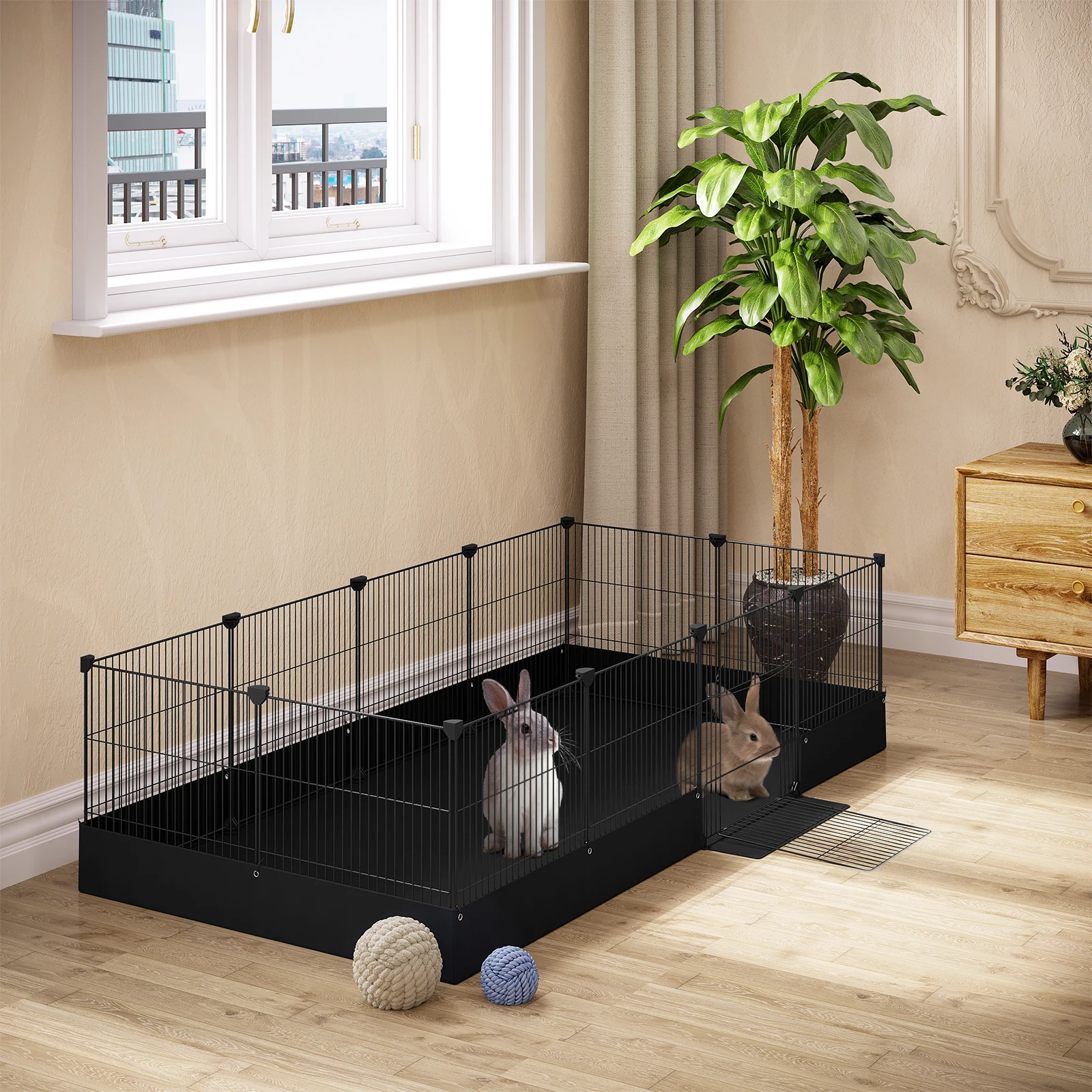 EUGAD Kleintierkäfig, Laufstall mit Hintergrundmatte und Tür, wasserdichter DIY-Innenzaun für Kaninchen, Hamster, Welpen