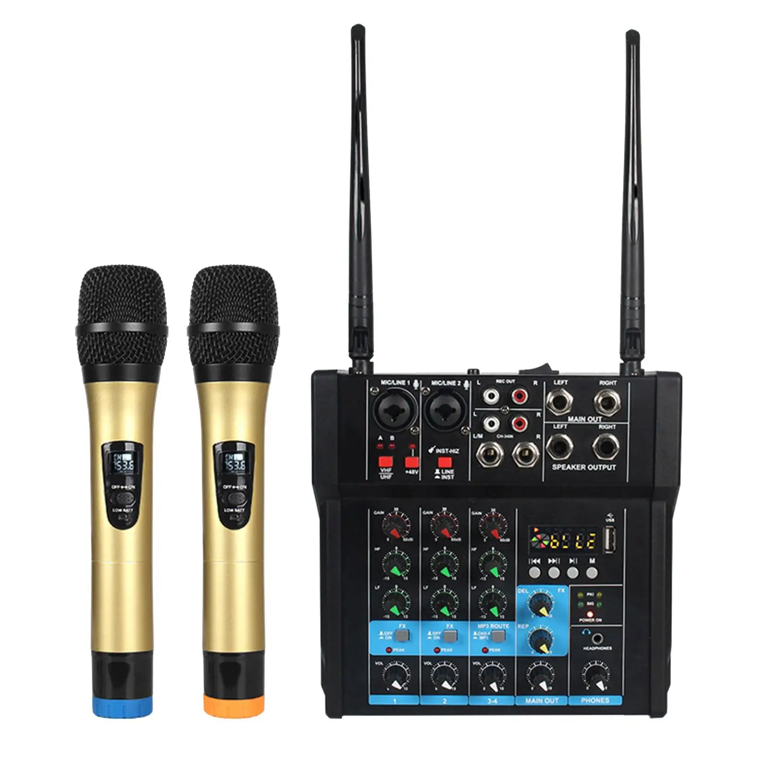 Audio Mixer Amplifier with Wireless Mic Professional DJ Mixer for Computer Recording Live Streaming Karaoke Party