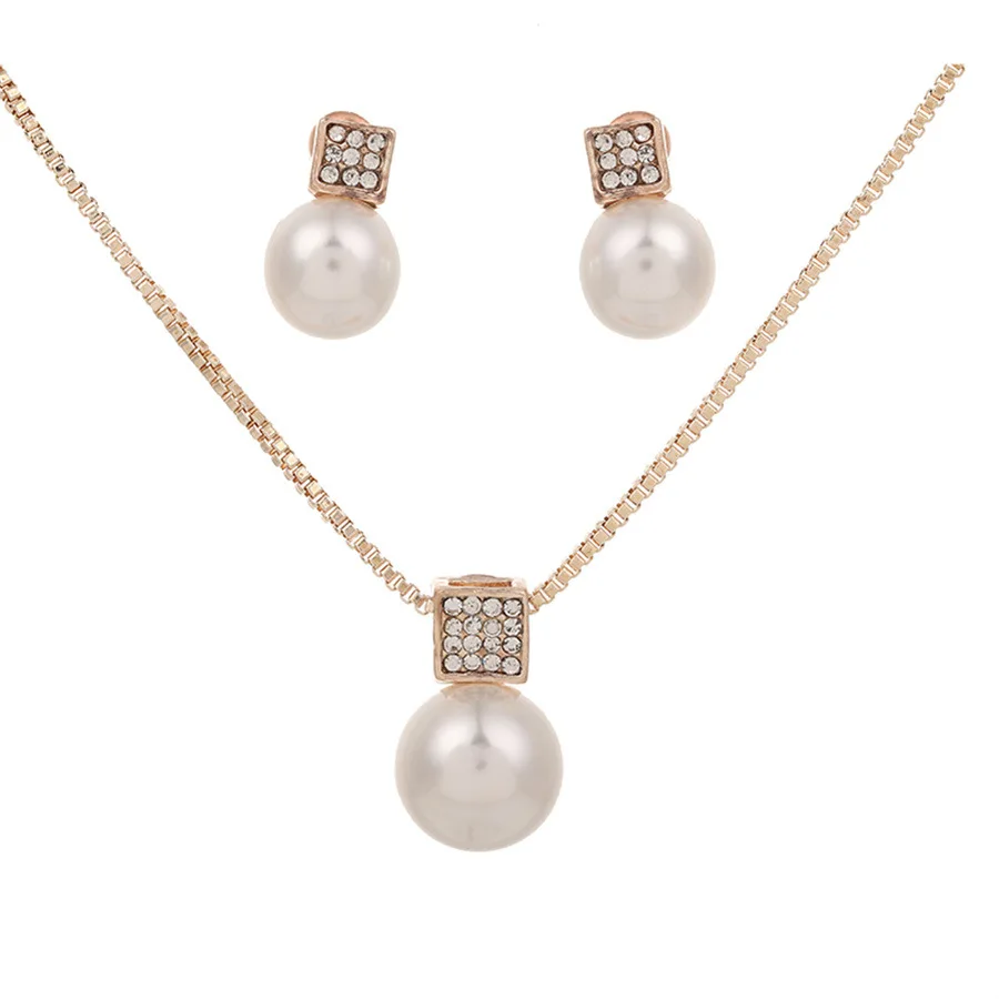3pcs Set New Arrival Fashion Geometric Square Zircon Pearl Necklace Stud Earring for Women Luxury Wedding Bride Jewelry Set Gift image 5