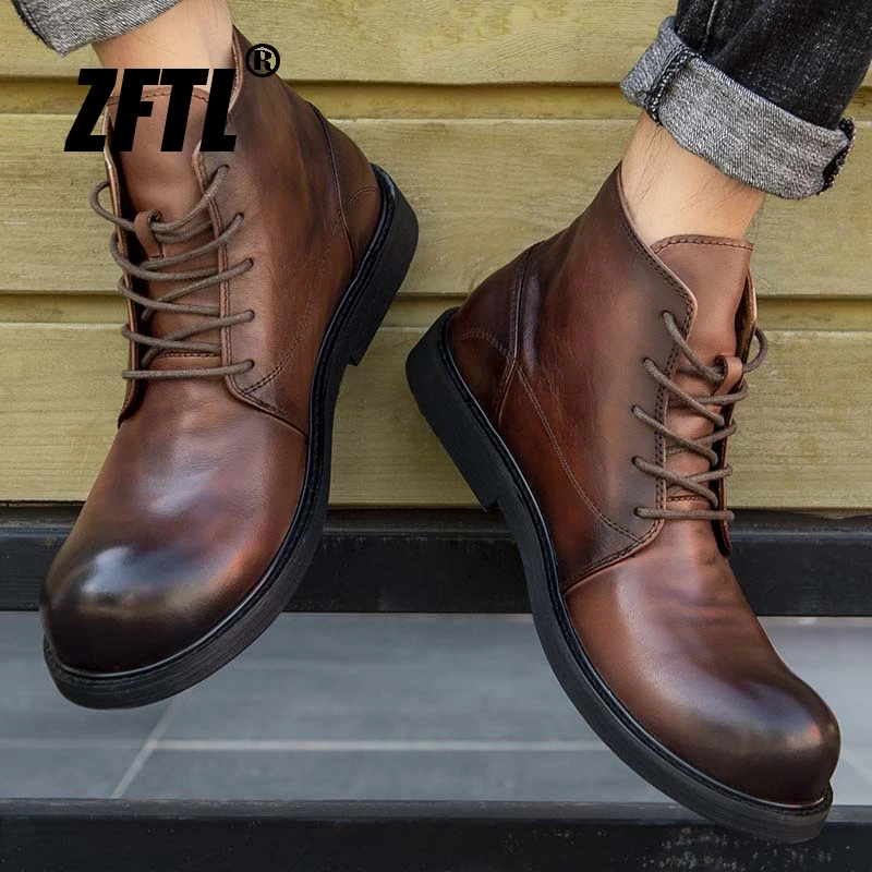 ZFTL Men\'s Chelsea Boots Casual Big toe Workwear Ankle boots 2023 winter high top boots British Retro Genuine Leather Man Boots