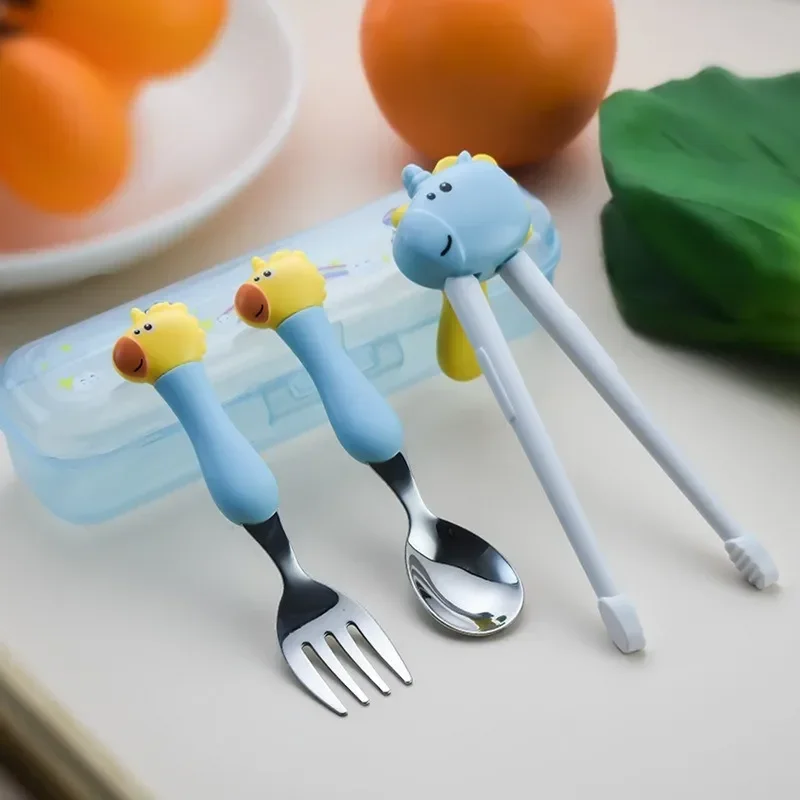 Kid Learning Training Chopsticks Spoon Fork Stainless Steel Cartoon Animal Beginner Tableware Kids Eating Training Helper Tools