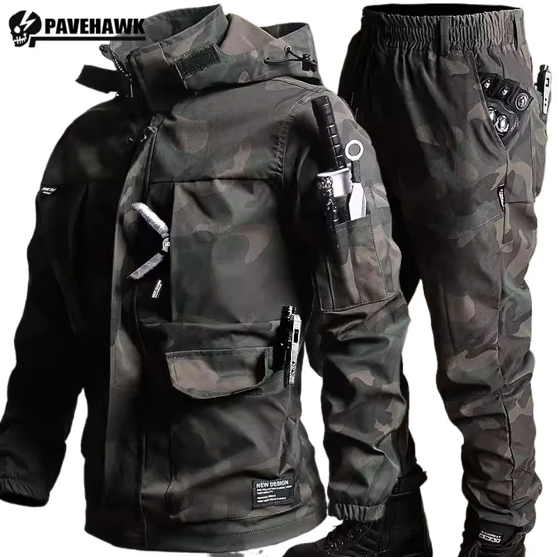 New Thin Camo Mens Set Multi Pocket Hooded Charge Jacket+Drawstring Elastic Sports Pants 2-pcs Set Waterproof Tactical Suits