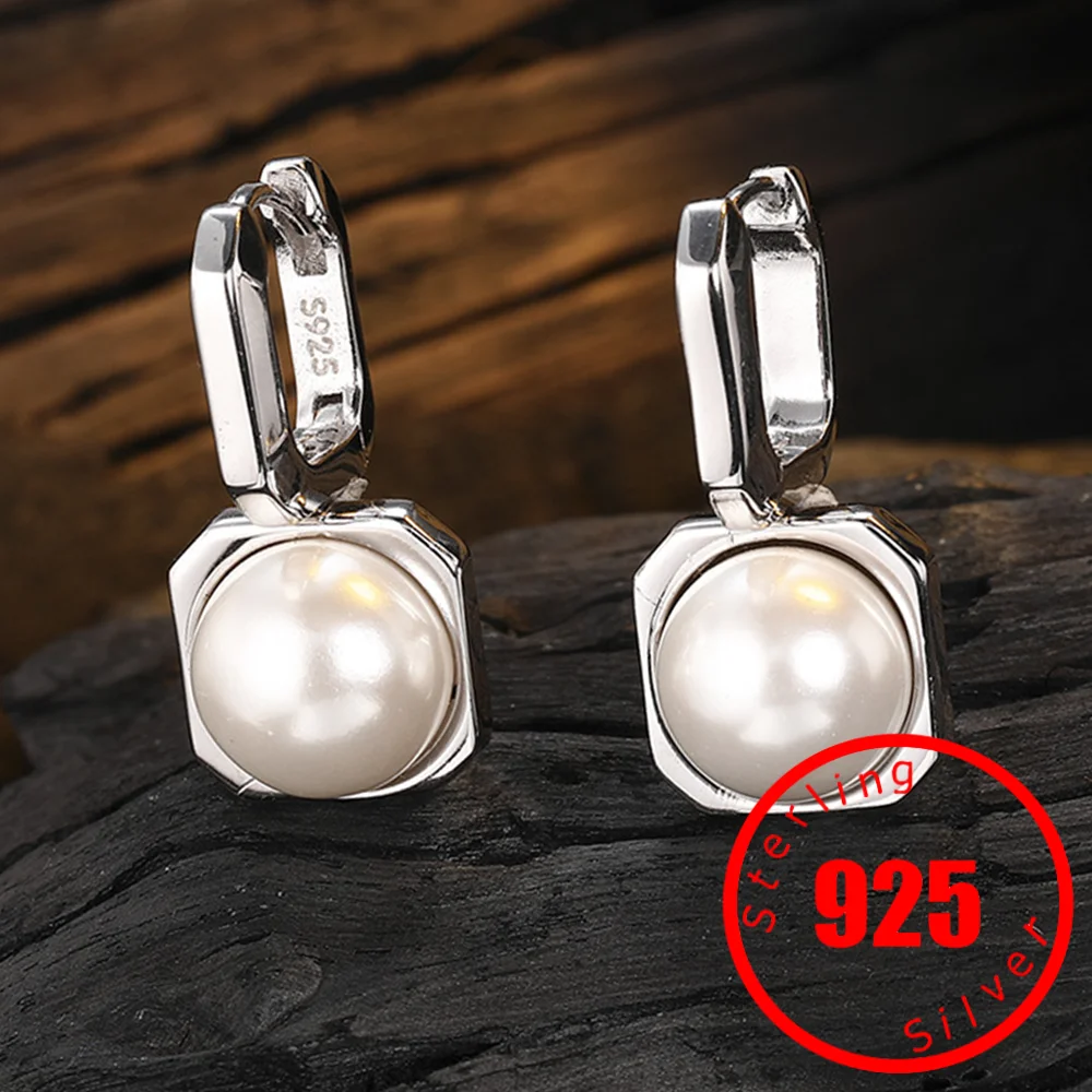 Pure Stamp 925 Sterling Silver Shell Pearl Drop Earrings Geometric Piercing Ear Buckle Fashion Fine Jewelry Women