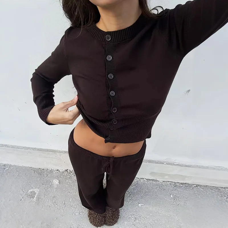 

Ticketsx Fashion Women 2-Piece Set Solid Knit Button Slim Cardigan Drawstring Pant Retro Casual Streetwear Female Knit Pants Set