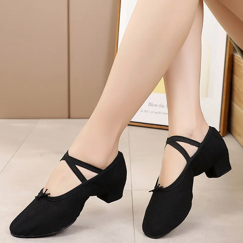 Scarpe da ballo da donna con tacco 3 cm Suola morbida in tela Comode scarpe da ballo elastiche resistenti all'usura leggere e traspiranti