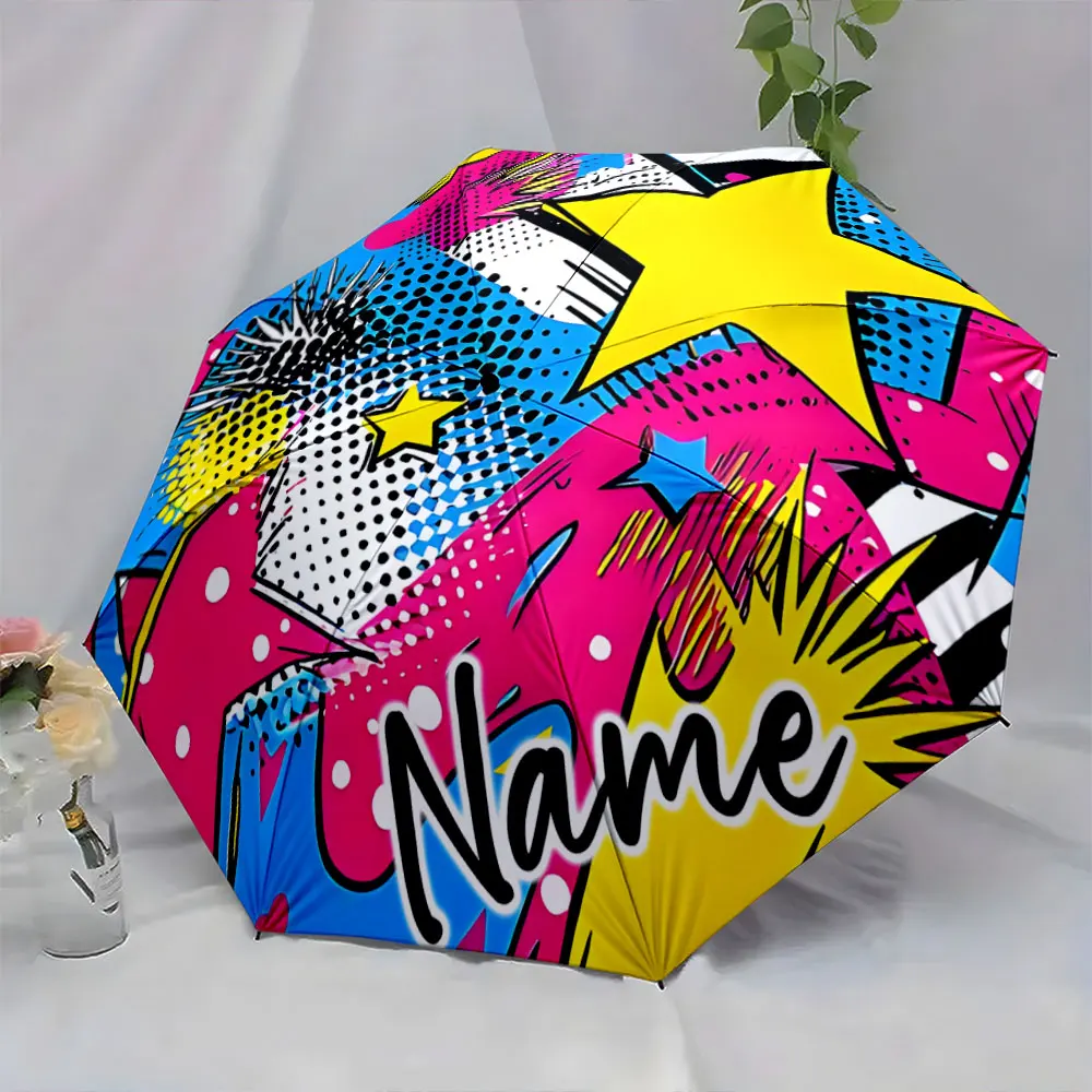 Custom Name Colorful Pop Art Style Umbrella Featuring Vibrant Print 8 Iron Ribs Folding Umbrella Auto-Open Fashion Sunshade