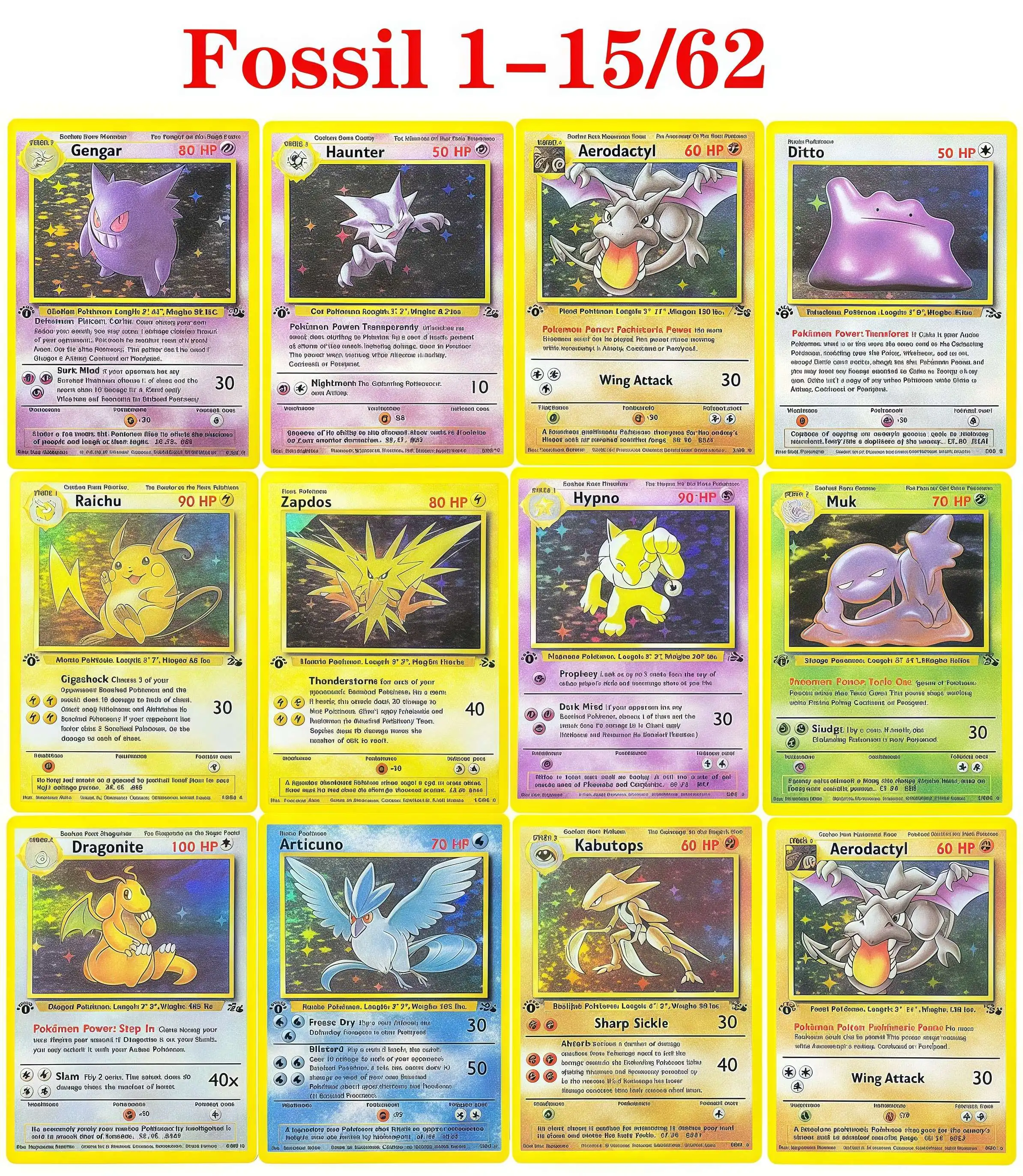 

Foil PKM Proxy Cards (Fossil) Gengar Dragonite Hypno Kabutops Moltres Haunter Raichu Collectible Trading Card for PTCG Battles