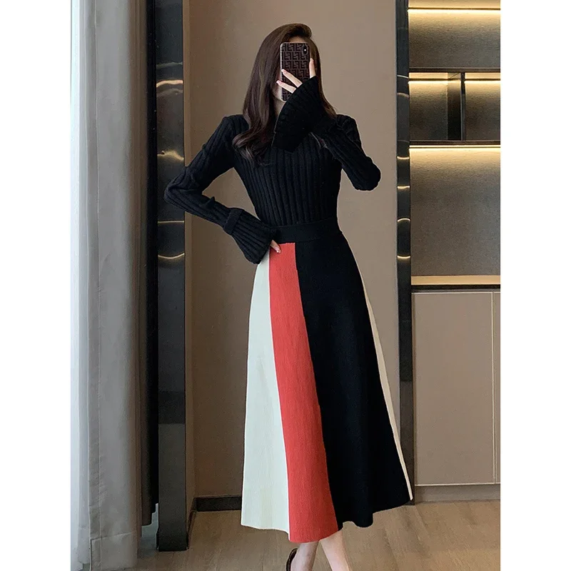 New Autumn Winter Fashion Women's Two Pieces Set Ribbing Knitted Solid Long SLeeve Pullover Sweater + Contrast Color Skirt Suits