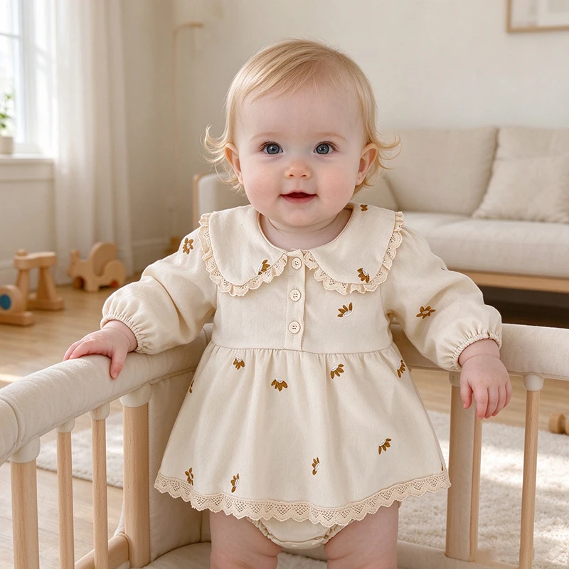 Baby-Mädchen-Stramplerkleid, langärmelig, mit Spitze, Peter-Pan-Kragen, Blumenstickerei, Baby-Overall, Frühling/Herbst, Kleidung für Kleinkinder, 0–24 Monate. – Detail 14