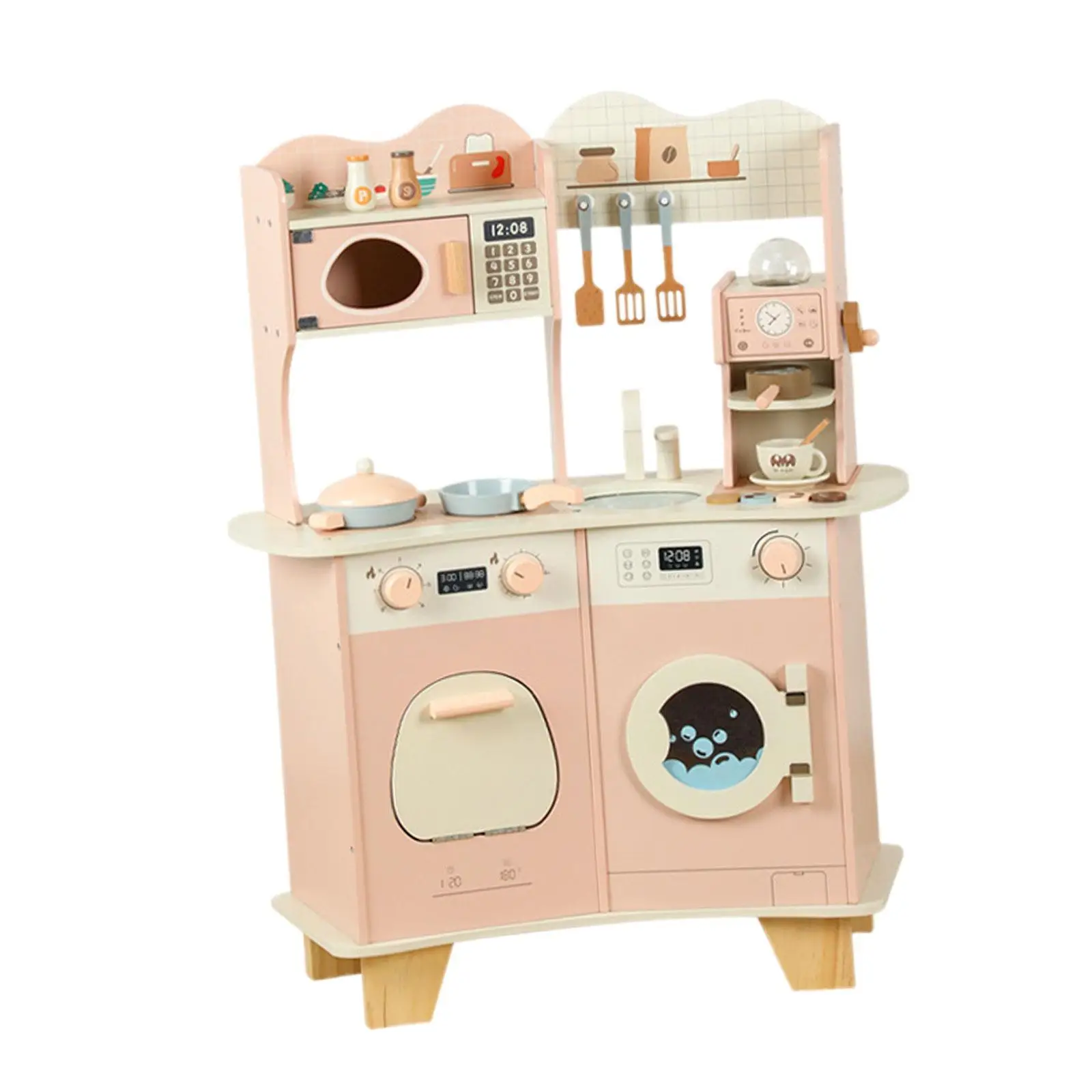 

Wooden Kitchen Pretend Play Set Accessories with Oven, Microwave, Coffee Machine Food Dinnerware Kit Simulation Cooking Utensils