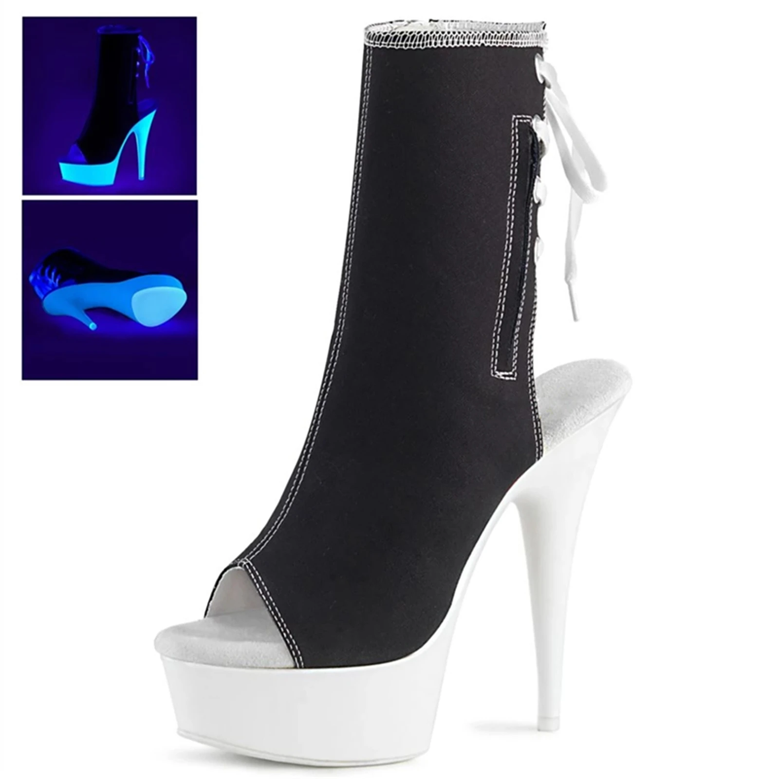 

15CM Platform Peep Toe Boots Black White, Glow in Dark Ankle Boots with Contrast Stitching, UV Reactive Shoes