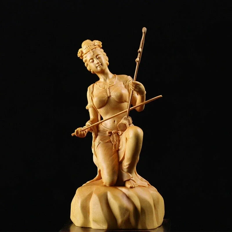 

14x7x7 CM Pretty Girl Play Music Hand Carved Boxwood Figurine Carving Woman Lady Geisha Sculpture