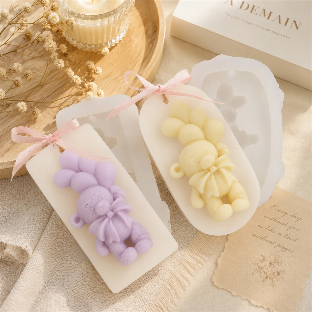 3D Teddy Bear Balloon Candle Mold Silicone Hanging Wax Tablet Mold DIY Aromatherapy Pendant Making Supplies Birthday Gift Decor view 3