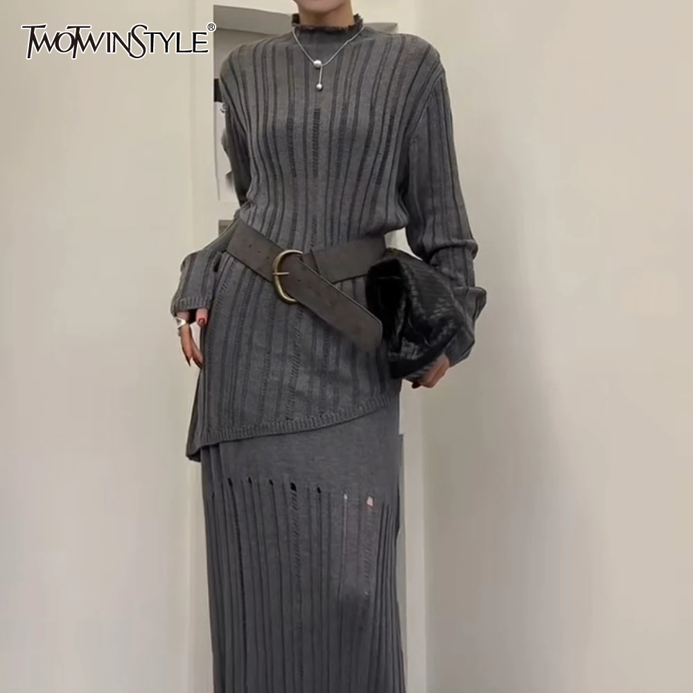 

TWOTWINSTYLE Gray Spliced Sashes Two Piece Set Female O Neck Long Sleeve Sweater Elegant Loose Women's Skirt Set Fashion Style